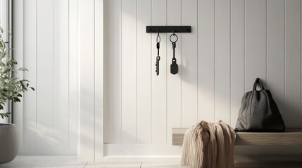 A minimalist metal keychain, engraved with initials, hanging on a key hook in a modern entryway