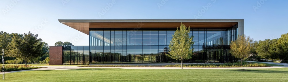 Poster a modern architectural structure with large glass windows, surrounded by greenery, showcasing a slee