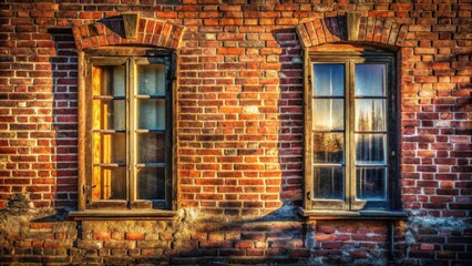 A pair of arched windows with vintage wooden frames are set against a brick wall, the sunlight filtering through the glass panes creating a warm and inviting atmosphere.
