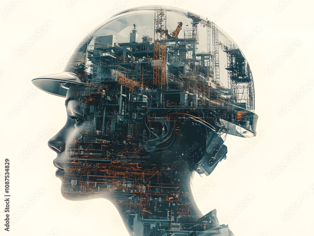 Poster artistic representation of a female engineer with a double exposure effect showcasing industrial and