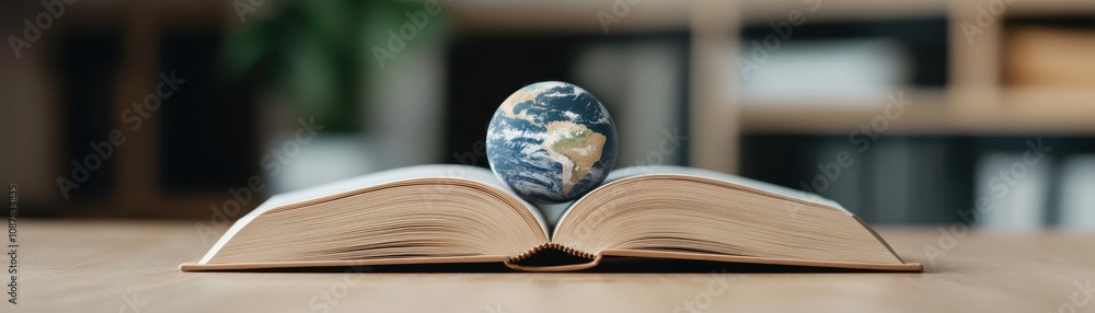 Poster an open book displays a globe resting on its pages, symbolizing knowledge and the world.