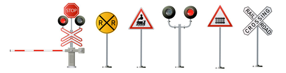 Railway signs set isolated on white background. Vector Railway illustration.