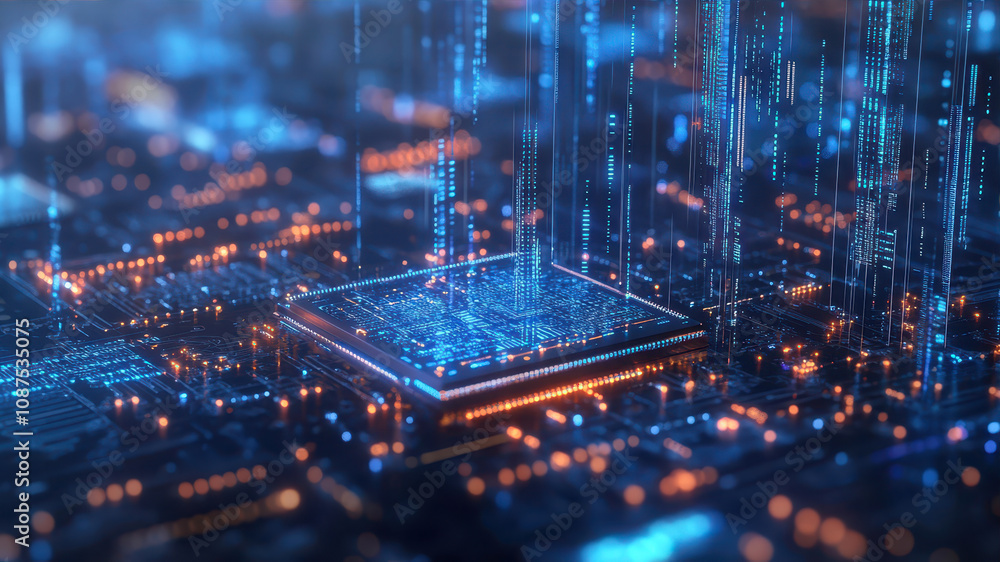 Poster exploring the intricate details of a state-of-the-art microchip glowing in digital surroundings