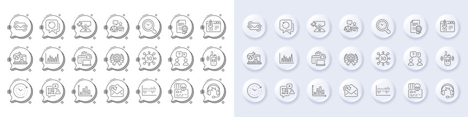 Teamwork questions, Web3 and Column diagram line icons. White pin 3d buttons, chat bubbles icons. Pack of Court judge, Cyber attack, Binary code icon. Vector