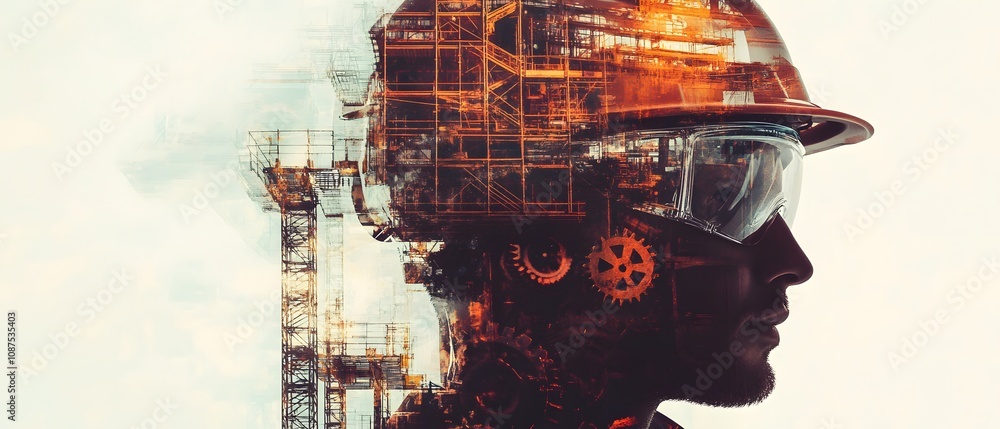 Poster double exposure of construction worker with industrial background highlighting innovation, technolog