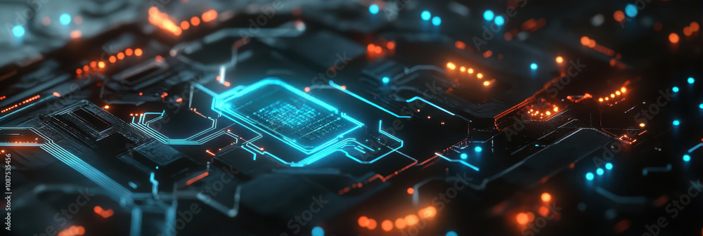 Poster exploring the intricate details of an integrated circuit illuminated by vibrant colors