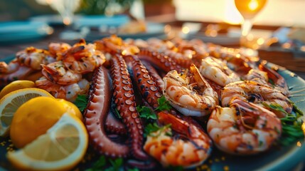 Delicious Grilled Seafood Platter with Lemon and Herbs