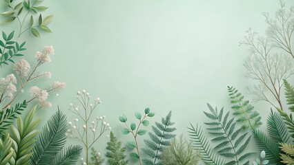 A delicate arrangement of lush greenery, delicate ferns, and sprigs of white blooms frame a serene mint background.