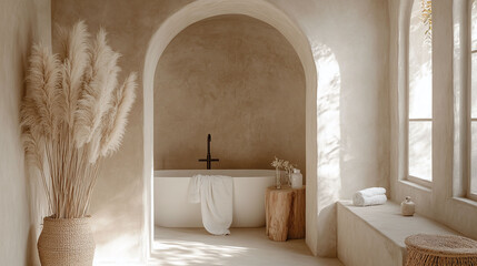 A minimalist bathroom with a soothing neutral palette, in arched alcove. Soft natural light and pampas grass create a calming, spa.