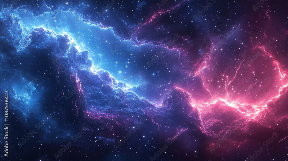 Poster colorful cosmic clouds illuminated by electric lightning in a vast galaxy filled with sparkling star