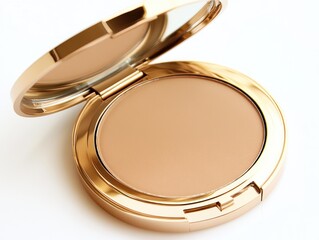 A gold-cased compact powder with a smooth surface for makeup application.