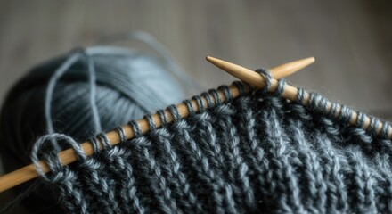 Close-up of knitting needles wool yarn in progress