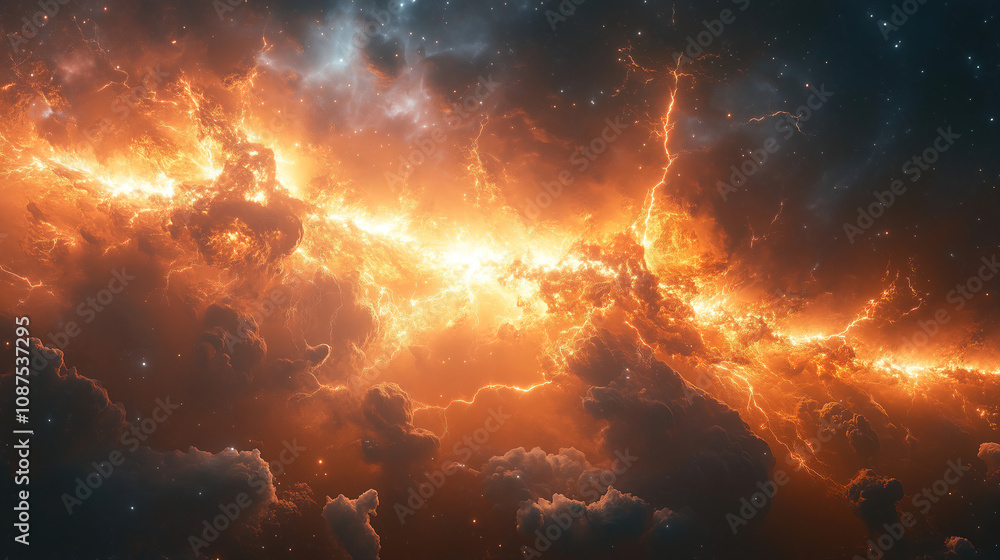 Poster a vibrant cosmic scene of fiery clouds and swirling gases lighting up the universe in a stunning dis