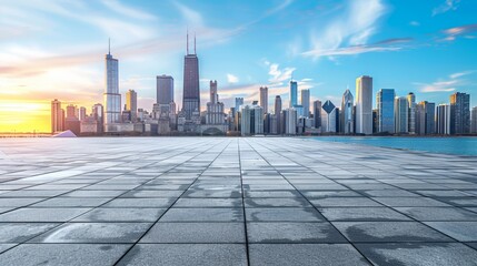 Obraz premium Empty square floor with city skyline background, Urban plaza with modern skyscrapers, symmetrical composition