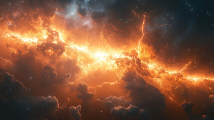 A vibrant cosmic scene of fiery clouds and swirling gases lighting up the universe in a stunning display of celestial beauty. Generative AI