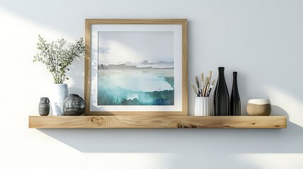 Wooden shelf with framed art, vases, and flowers, minimalist interior decor.
