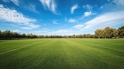A quiet athletic field under a blue sky, with perfectly lined turf, ready for the next practice or event.
