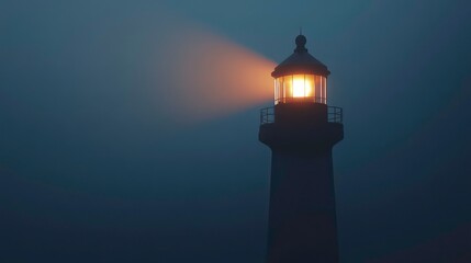 A lighthouse shines its light through the foggy night sky.