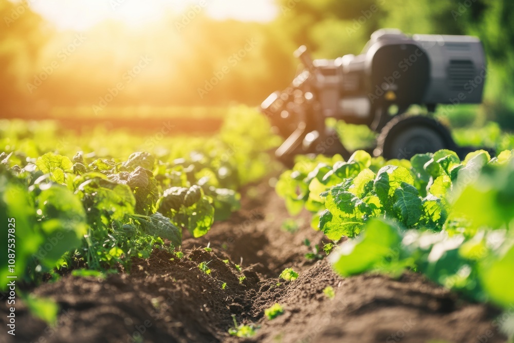 Aufkleber Robotic machines are actively planting crops in rows on a farm, utilizing advanced technology under the bright sun. Generative AI