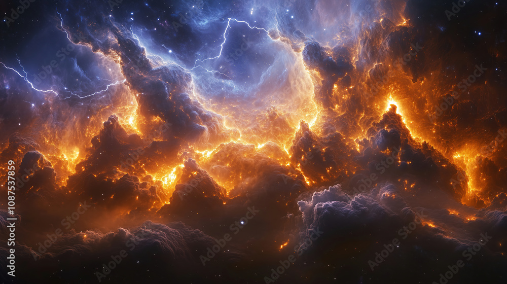 Aufkleber majestic cosmic storm illuminating the nebula in vibrant oranges and blues captured from deep space.