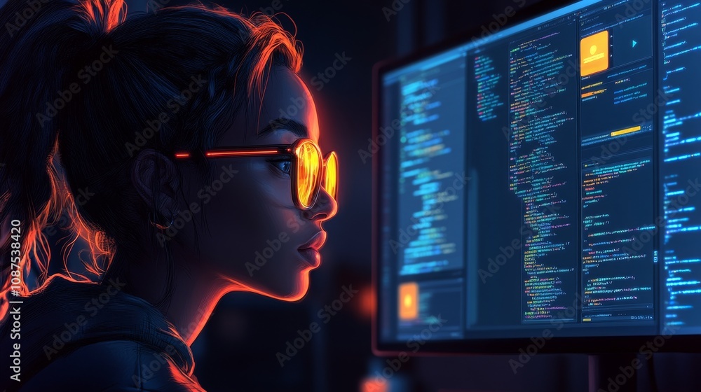 Poster a female coder focuses intently on her work at a dimly lit desk with dual computer screens