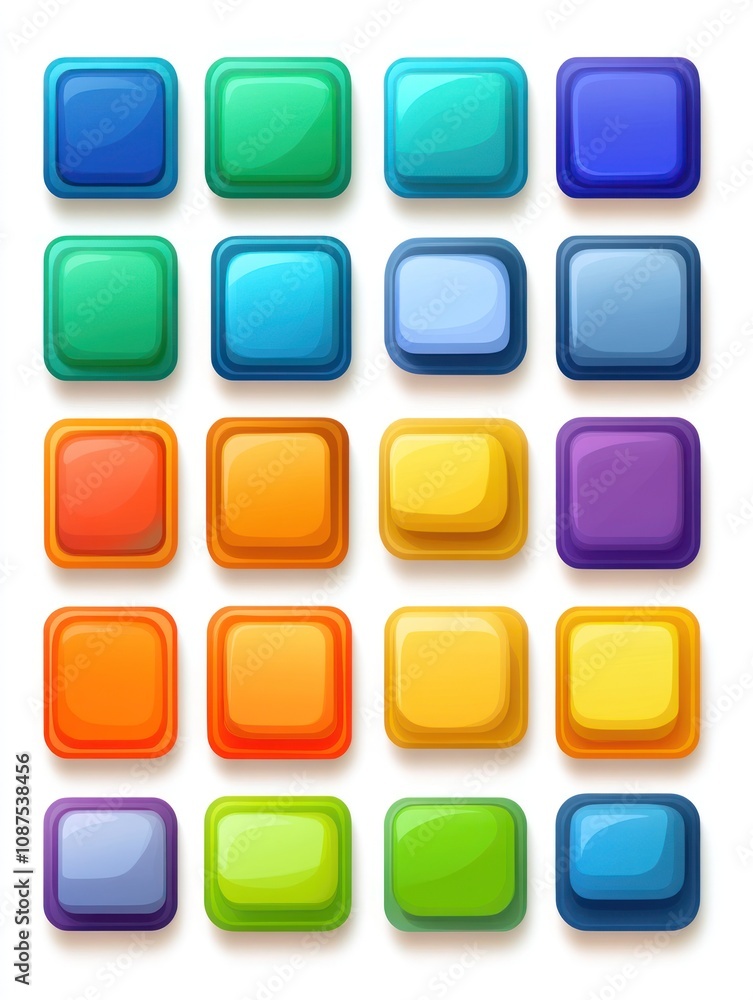 Poster a grid of colorful, glossy buttons in various shapes and hues for graphic design use.