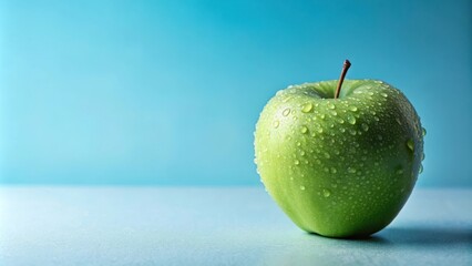 A dewy green apple sits on a light blue surface, basking in the soft glow of natural light.