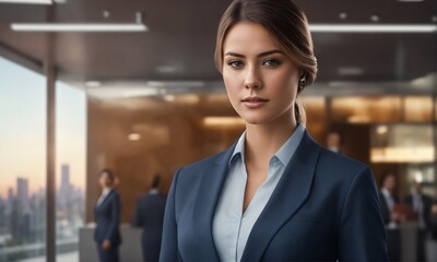 Beautiful Indian women wear blue suits in the office background
