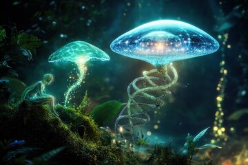 Obraz premium fantasy scene with glowing jellyfish, a human-like figure, and a swirling dna structure surrounded by lush green plants symbolising nature, science, and the fusion of life and technology