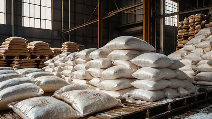 Sugar in a Warehouse. Bags of sugar. Big food warehouse filled with sacks of sugar. Factory of sugar beets