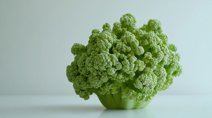 A vibrant green broccoli crown placed on a clean white surface, showcasing its natural textures and freshness.