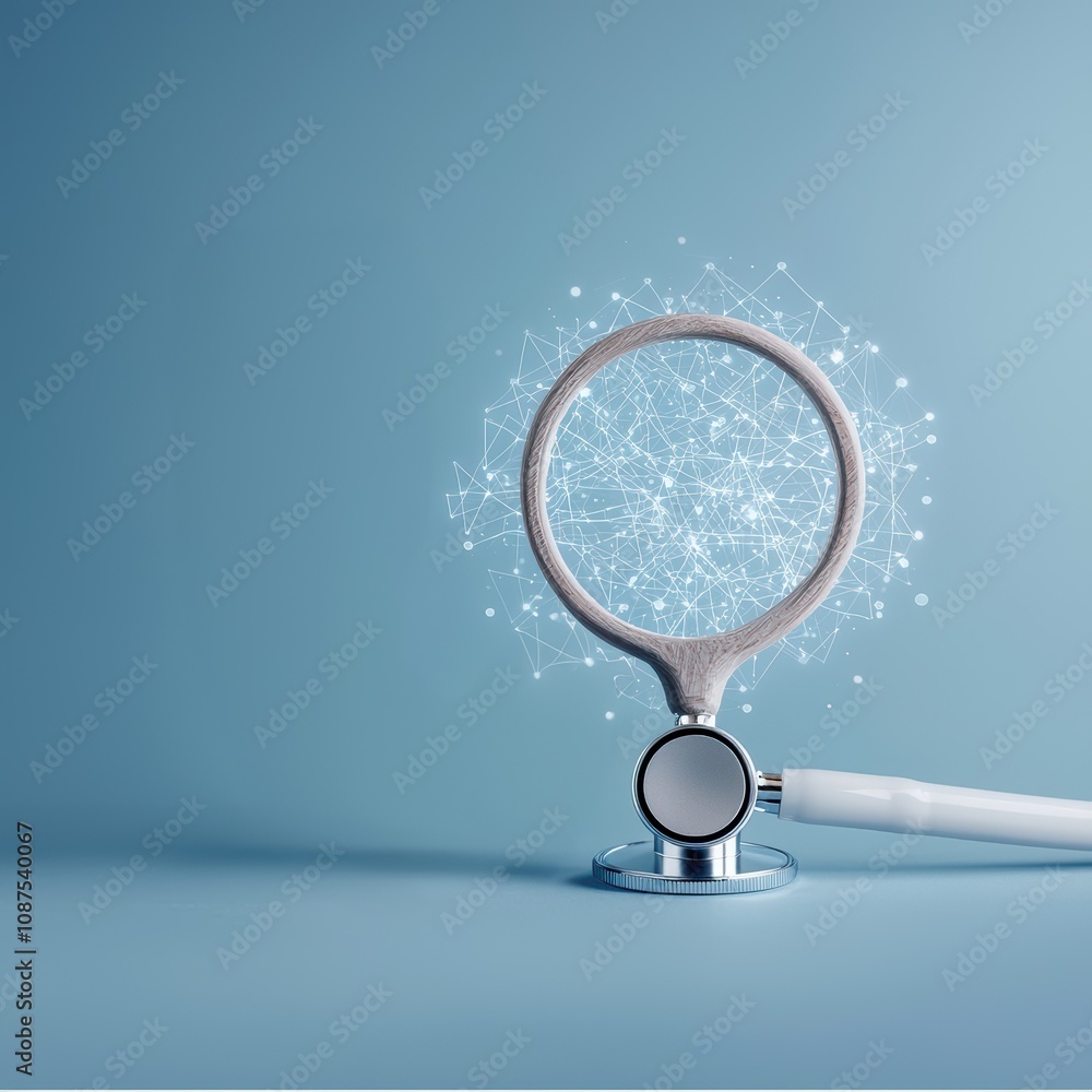 Poster a stethoscope with a circular attachment emits glowing particles, symbolizing health and technology 