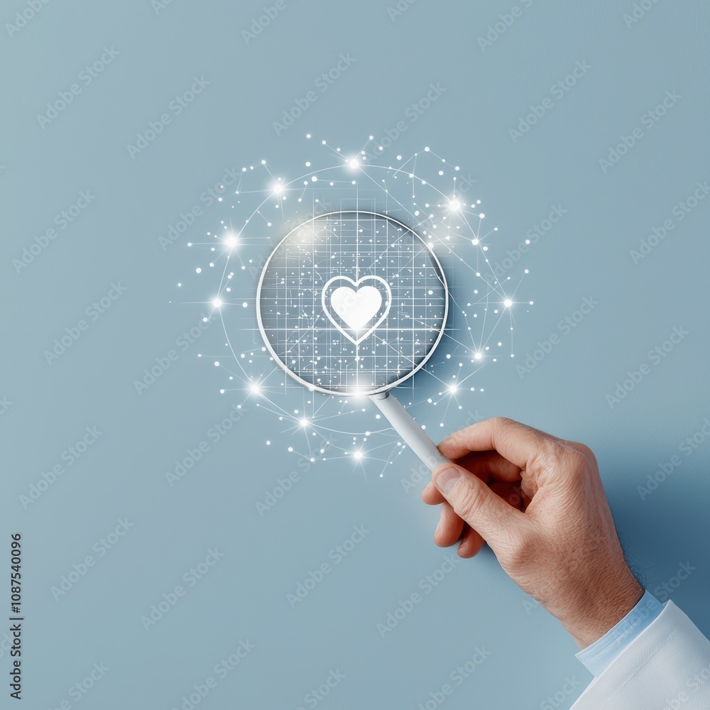 Poster a hand holding a stylus points at a glowing heart symbol surrounded by sparkling elements on a blue 