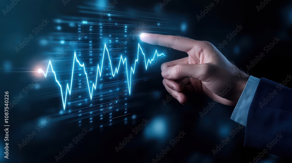 Poster a digital hand interacts with a glowing line graph, symbolizing data analysis and technology in a mo