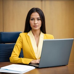woman in a yellow blazer sitting at a desk with a laptop in front of her.