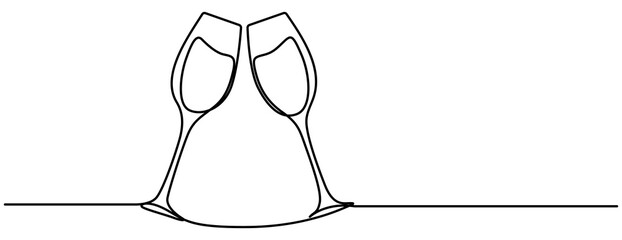 Continuous one line drawing of two glasses of champagne. Minimalist linear concept of celebrate and cheering. Editable stroke Vector illustration, Continuous Line Drawing of Champagne Glasses Black 
