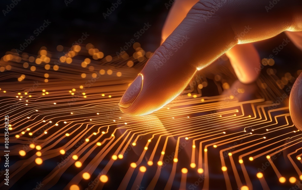 Poster a close-up of a finger touching a glowing circuit board, showcasing the interaction between technolo