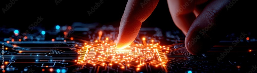 Poster a close-up of a hand touching a circuit board, with glowing particles emanating from the contact poi