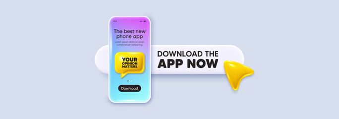 Your opinion matters tag. Download the app now. Phone mockup screen. Survey or feedback sign. Client comment. Phone download app search bar. Opinion matters text message. Vector