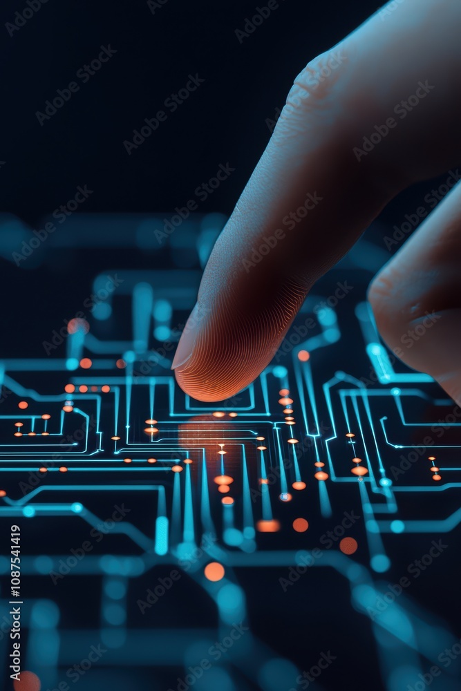 Poster a finger touches a glowing circuit board, symbolizing technology and digital interaction in a futuri
