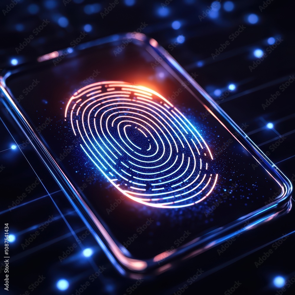 Poster a glowing fingerprint design illuminated on a digital surface, symbolizing biometric security and te