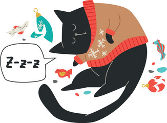 Fototapeta premium mischievous black cat in ugly sweater sleeping