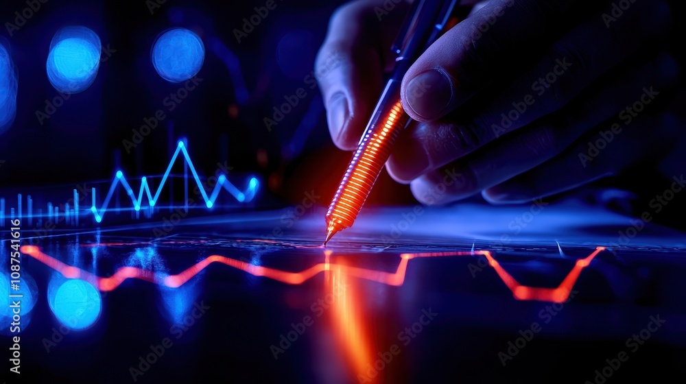 Poster a hand holds a pen above a glowing graph, illustrating data analysis with blue and red lines against