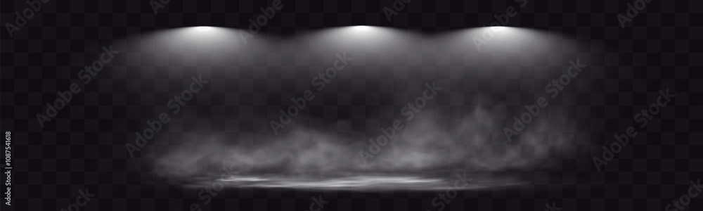 Poster spotlights shining down in a dark, misty atmosphere, creating a dramatic stage or stadium effect wit
