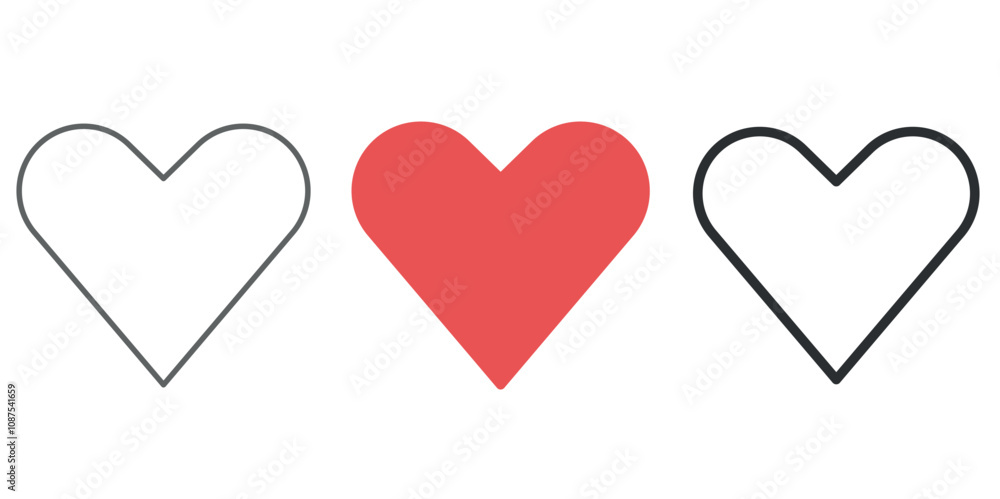 Poster set of heart icons with one red solid and two outlined versions.