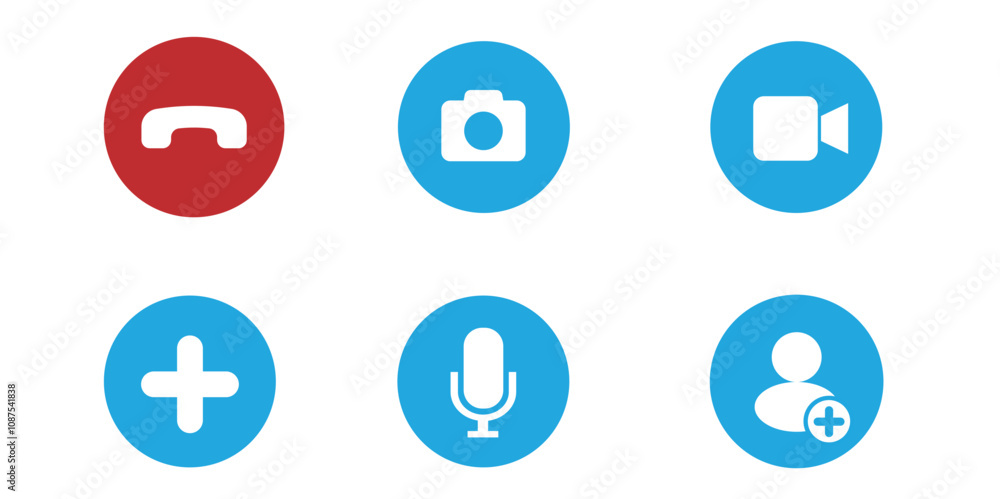 Poster set of communication icons including call, video, microphone, and user add symbols in circular desig