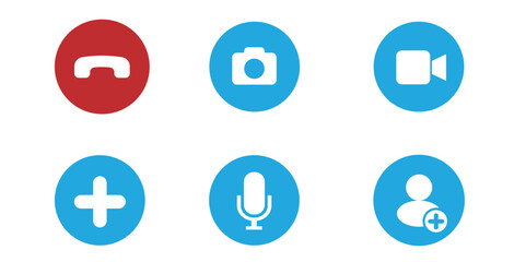 Set of communication icons including call, video, microphone, and user add symbols in circular designs