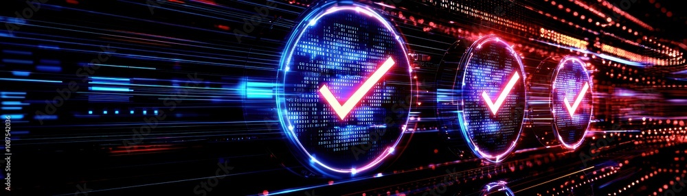 Poster a digital design featuring glowing checkmarks on a vibrant, abstract background, symbolizing complet