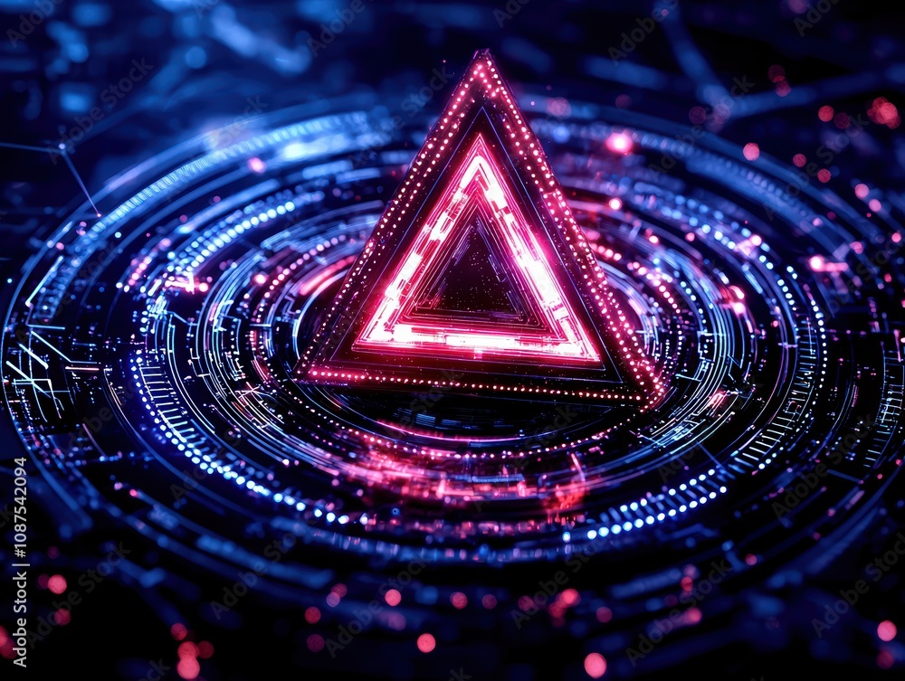 Poster a vibrant, glowing triangle surrounded by digital patterns, creating a futuristic and abstract atmos
