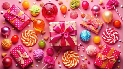 Fototapeta premium Festive and colorful background featuring wrapped gifts with ribbons, lollipops, candy, and ornaments on a pink background.